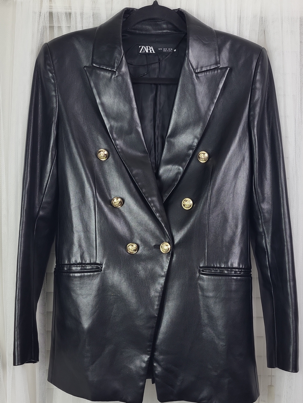 Zara Women's Black Faux Leather Double-Breasted Blazer. Size S - Picture 3 of 16